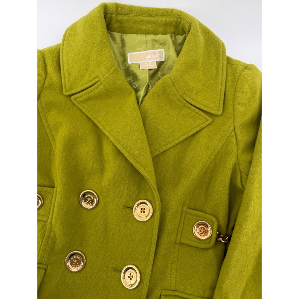 Michael Kors Womens Chartreuse Green Wool Pea Coat Gold Chain Detail P/S - Picture 3 of 3